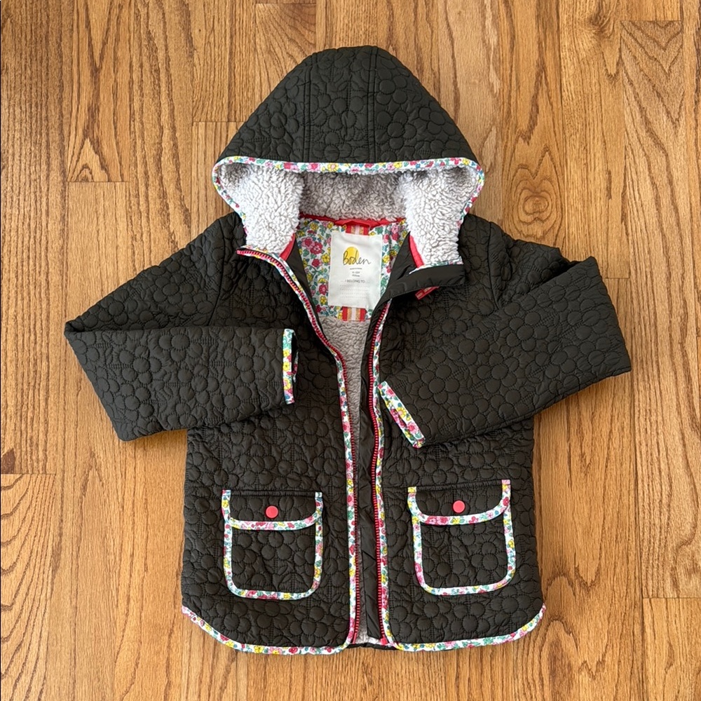 Kids Quilted Jacket with Floral Trim - Black